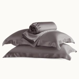 premium silk sheet set with flange pillowcases charcoal product display.jpg